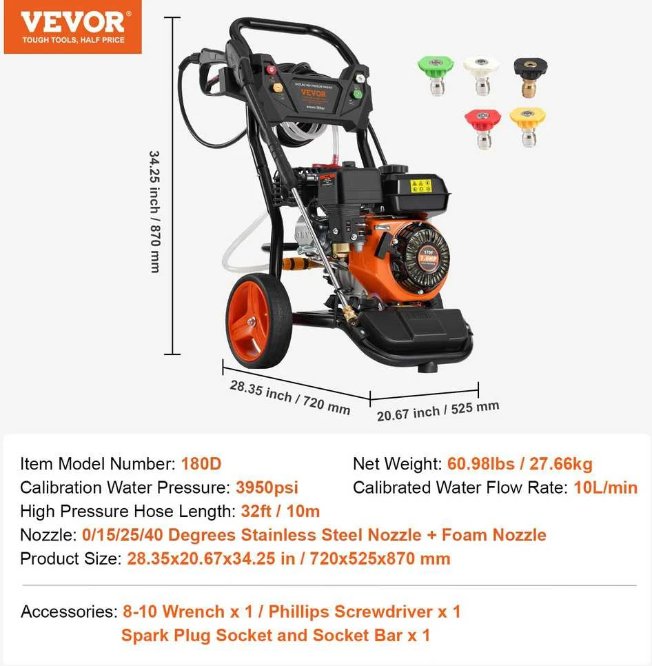 VEVOR Aukšto slėgio plovimo įrenginys automobiliams 3950 PSI