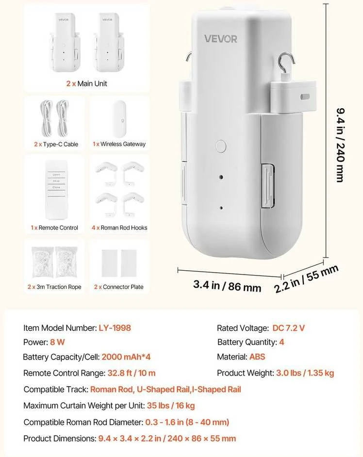VEVOR Automatinis užuolaidų atidarytuvas, 2 vnt.