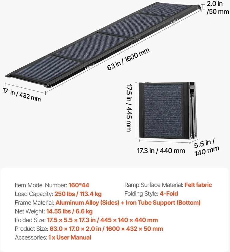 VEVOR Automobilinė rampa šunims, 160 x 43,2 cm, 113 kg