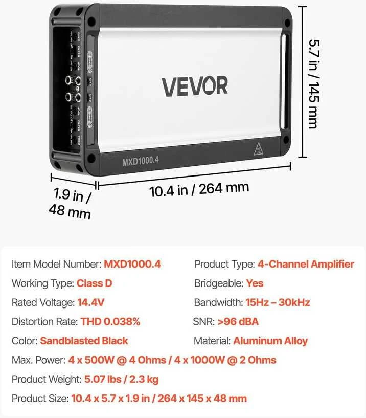 VEVOR Automobilinis 4 kanalų garso stiprintuvas