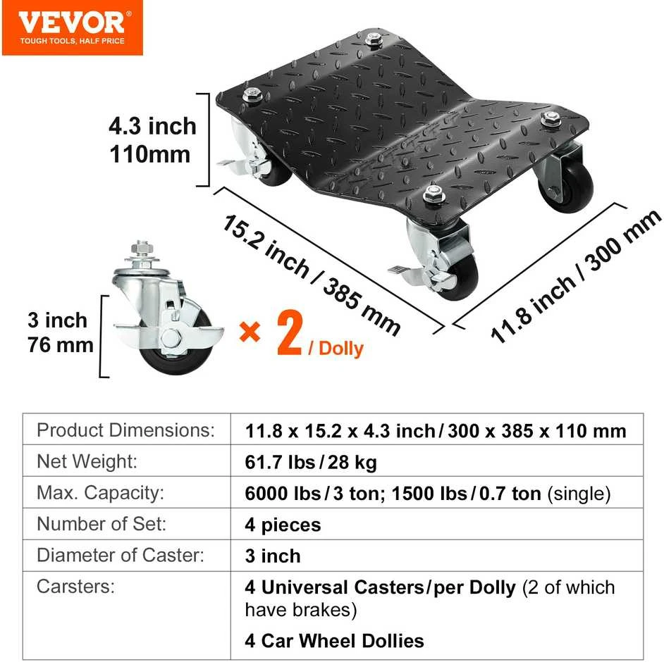 VEVOR Automobilio ratų transportavimo platformos 4 vnt, 3 ton