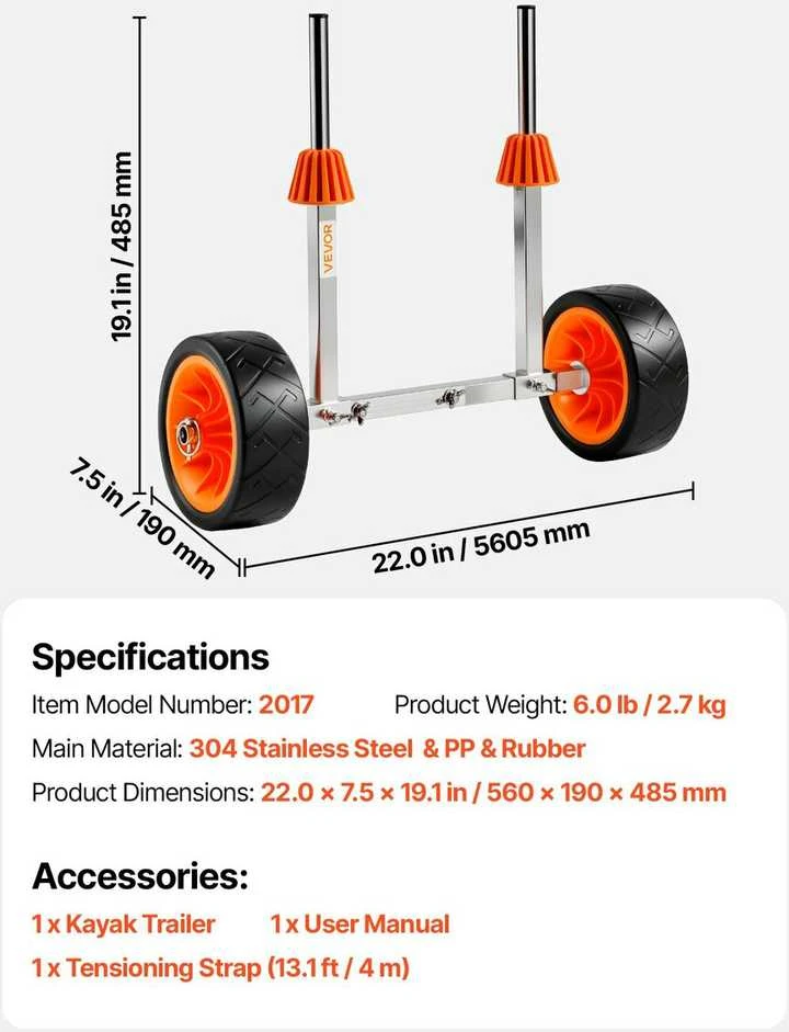 VEVOR Baidarės vežimėlis su 113.4kg apkrova
