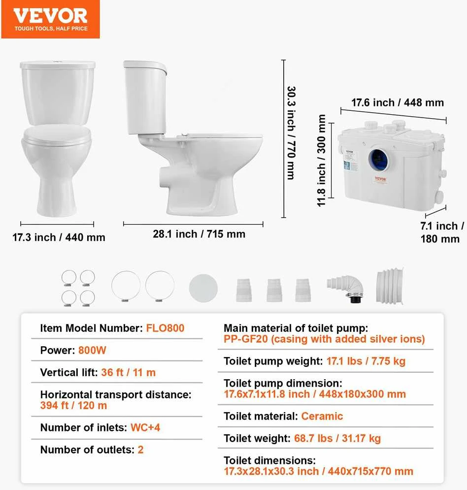 VEVOR Baigtas tualeto sistema su 800W siurbliu rūsyje