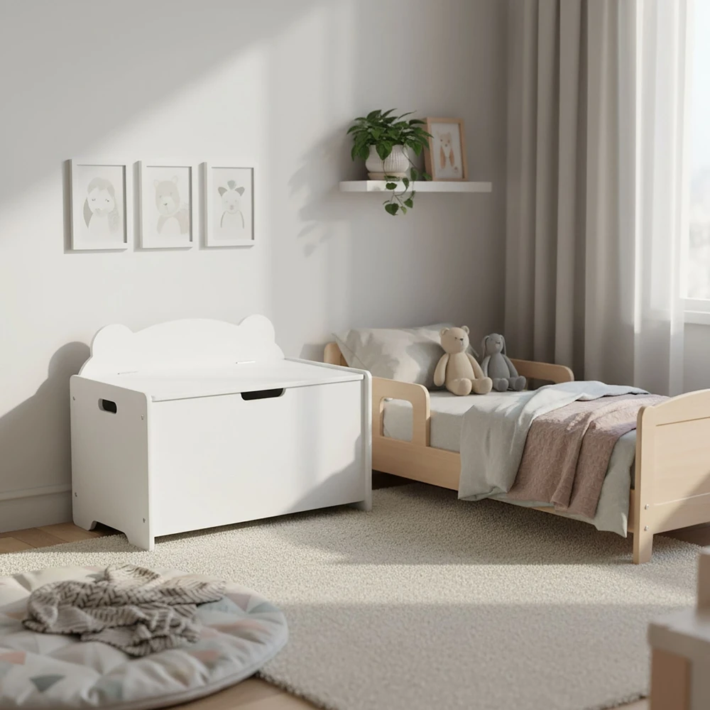 Relaxdays Balta žaislų dėžė su dangčiu, meškiukas