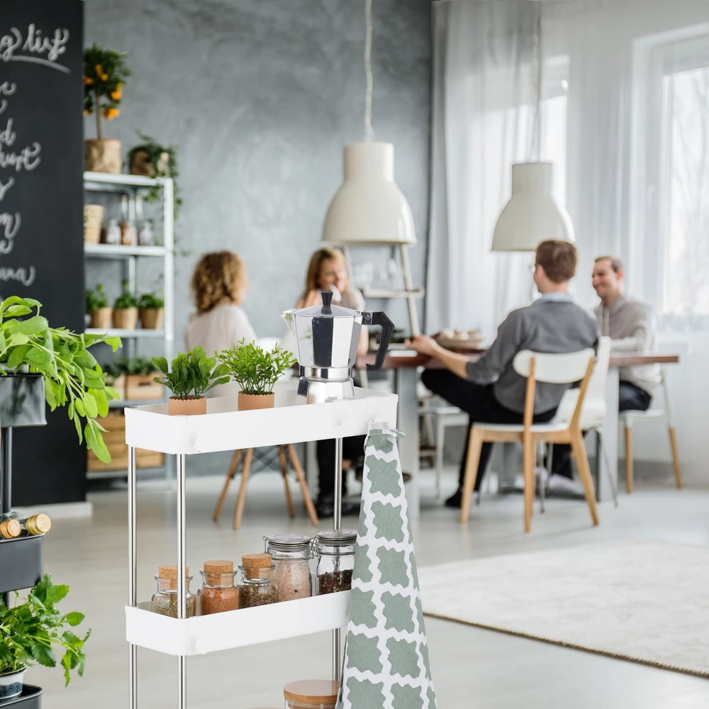 Relaxdays Baltas siauras vežimėlis su 4 lentynomis