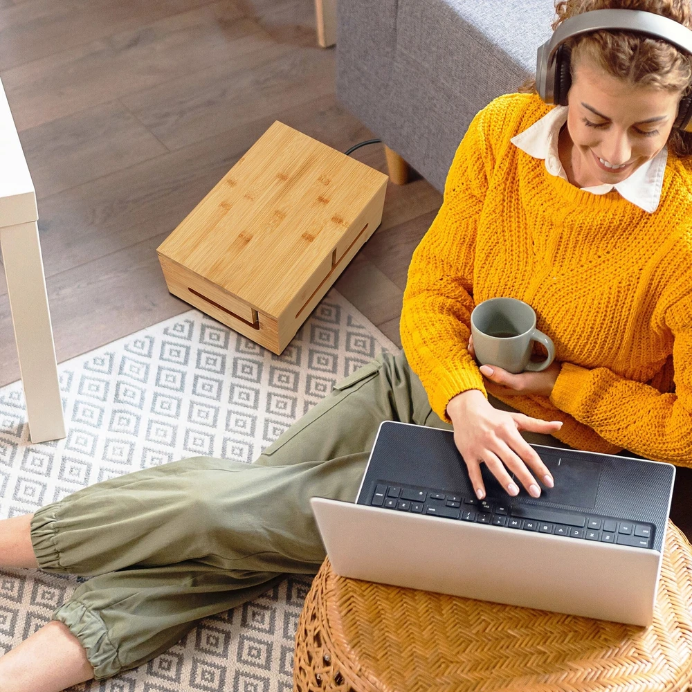 Relaxdays Bambukinė kabelių laikymo dėžė su dangčiu