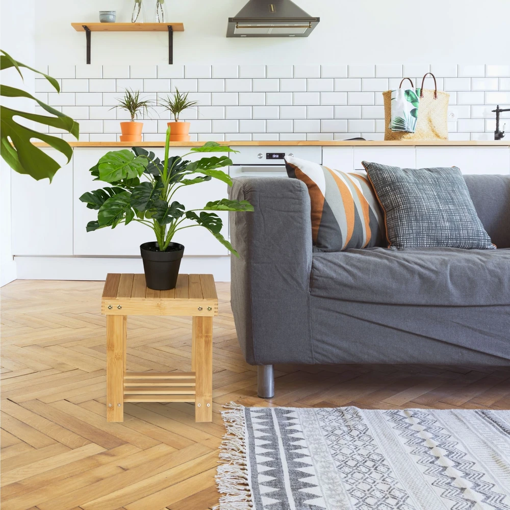 Relaxdays Bambukinė kojų kėdutė su lentyna