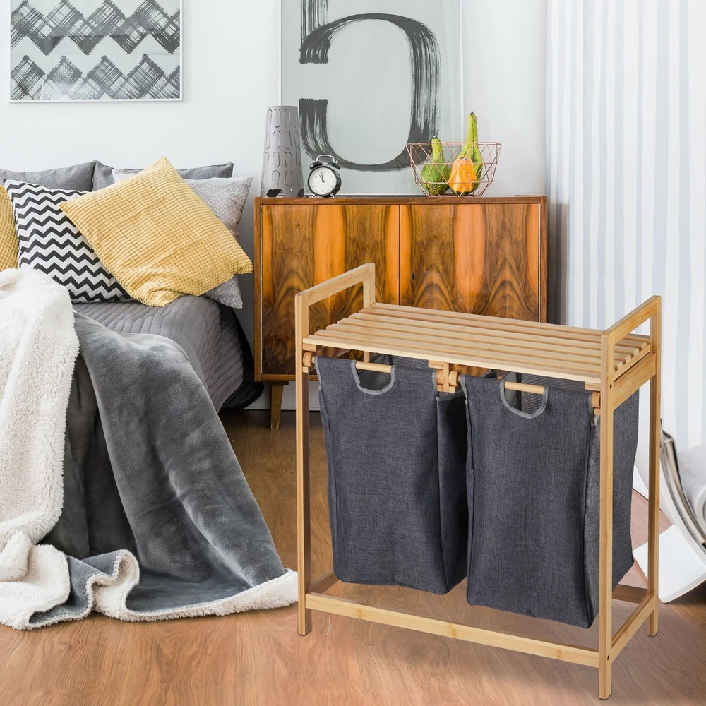 Relaxdays Bambukinė lentyna su 2 skalbinių krepšiais