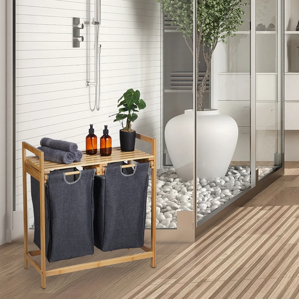 Relaxdays Bambukinė lentyna su 2 skalbinių krepšiais