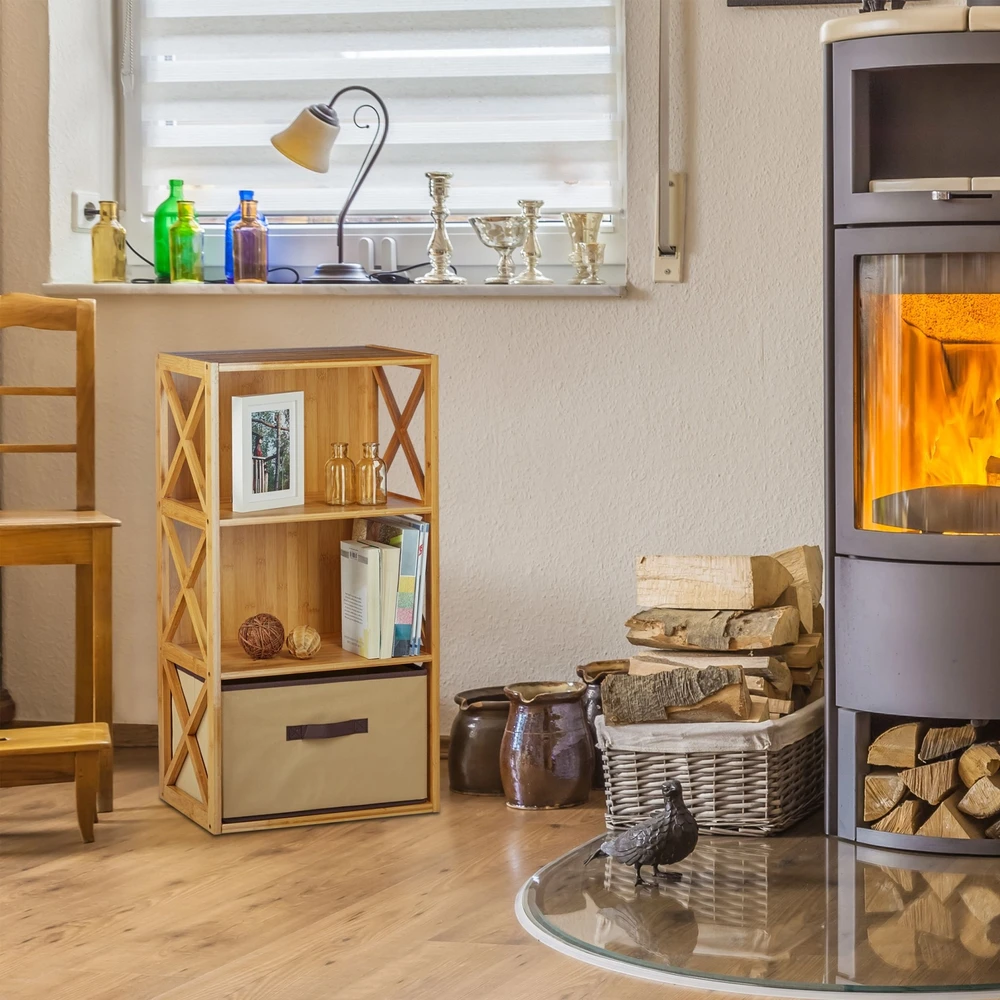 Relaxdays Bambukinė lentyna su krepšiu