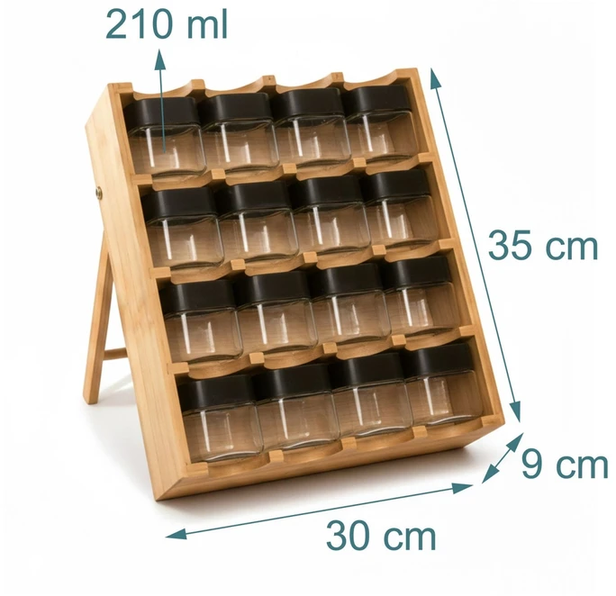 Relaxdays Bambukinė prieskonių lentynėlė, 16 indelių
