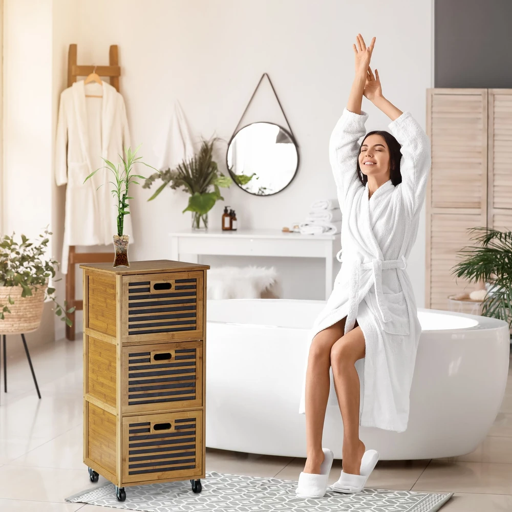 Relaxdays Bambukinė spintelė su ratukais su stalčiais