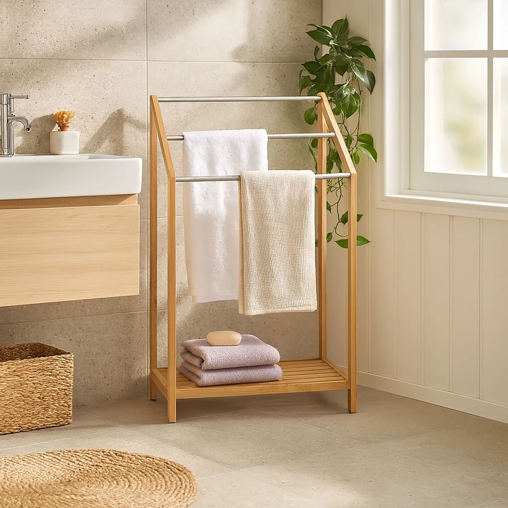 Relaxdays Bambukinis rankšluosčių laikiklis, 3 rankšluosčių skersiniai