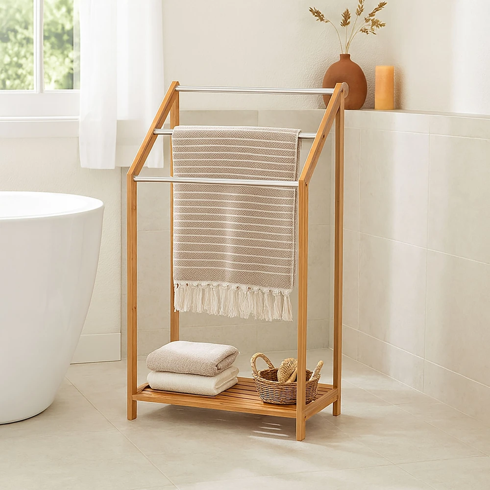 Relaxdays Bambukinis rankšluosčių laikiklis, 3 rankšluosčių skersiniai