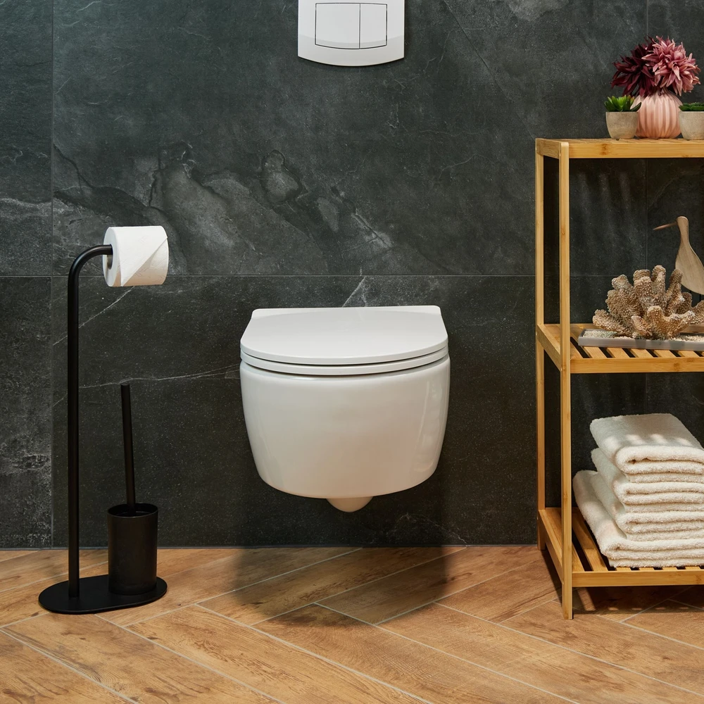 Relaxdays Bambuko ir nerūdijančio plieno WC rinkinys juodos spalvos