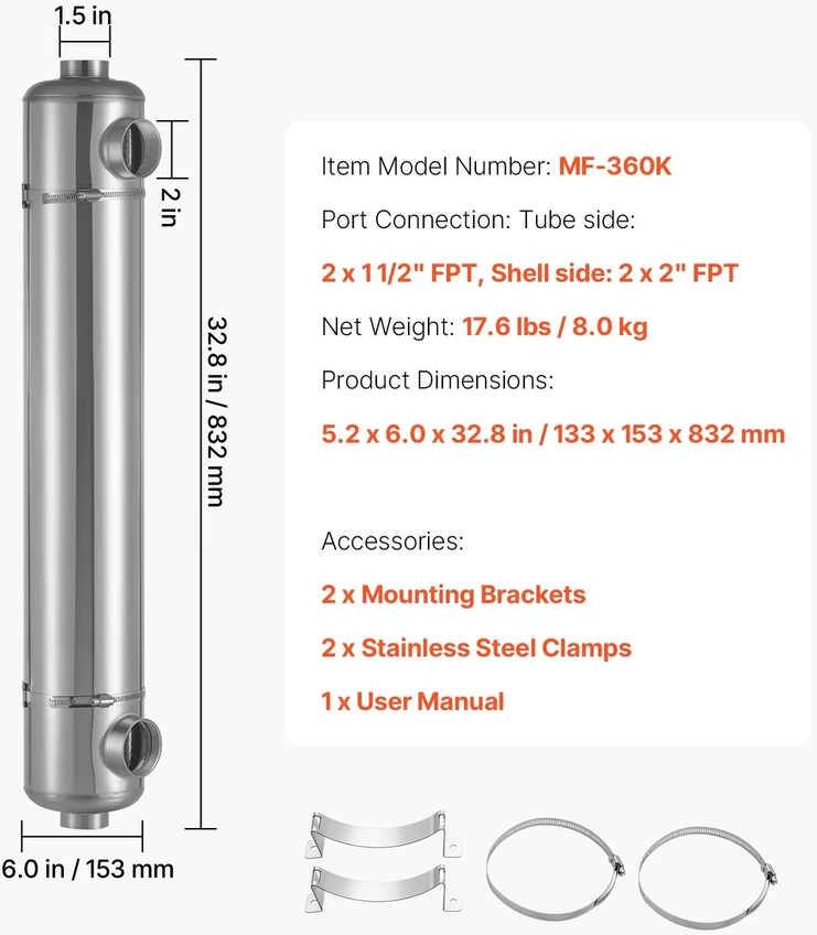 VEVOR Baseino šilumokaitis 360K BTU, 316L plienas