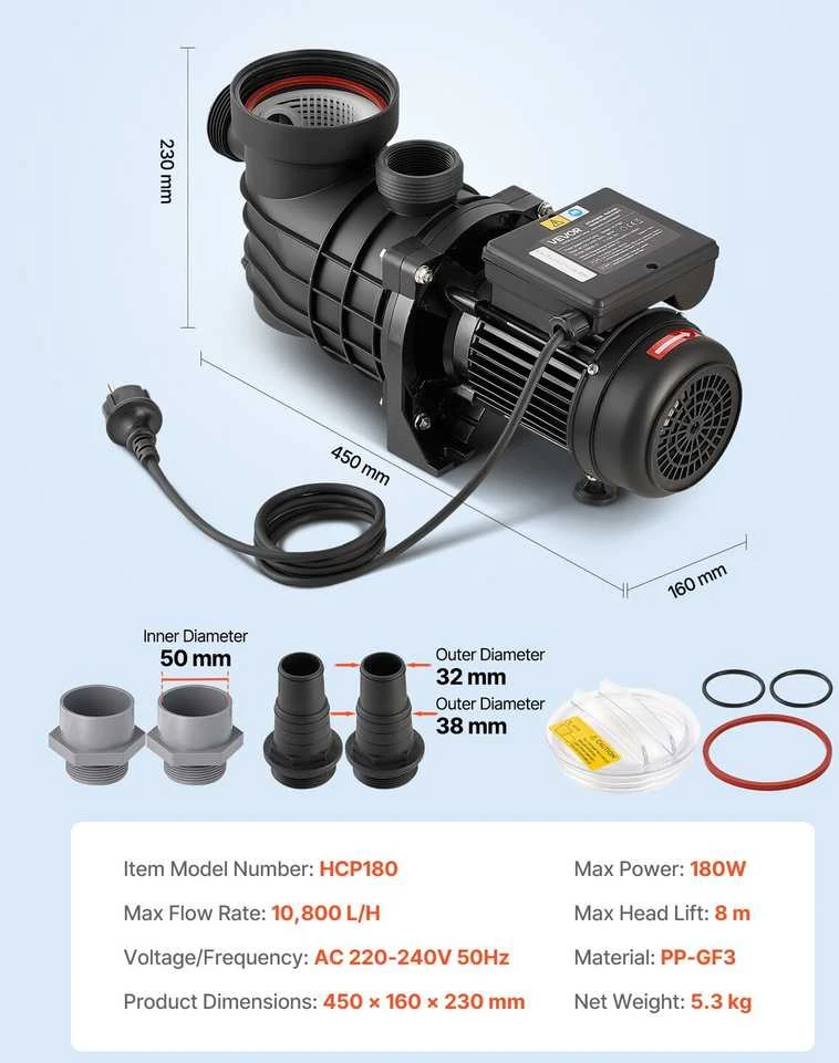 VEVOR Baseino siurblys, 180W, maksimali srovė 10,800 L/h