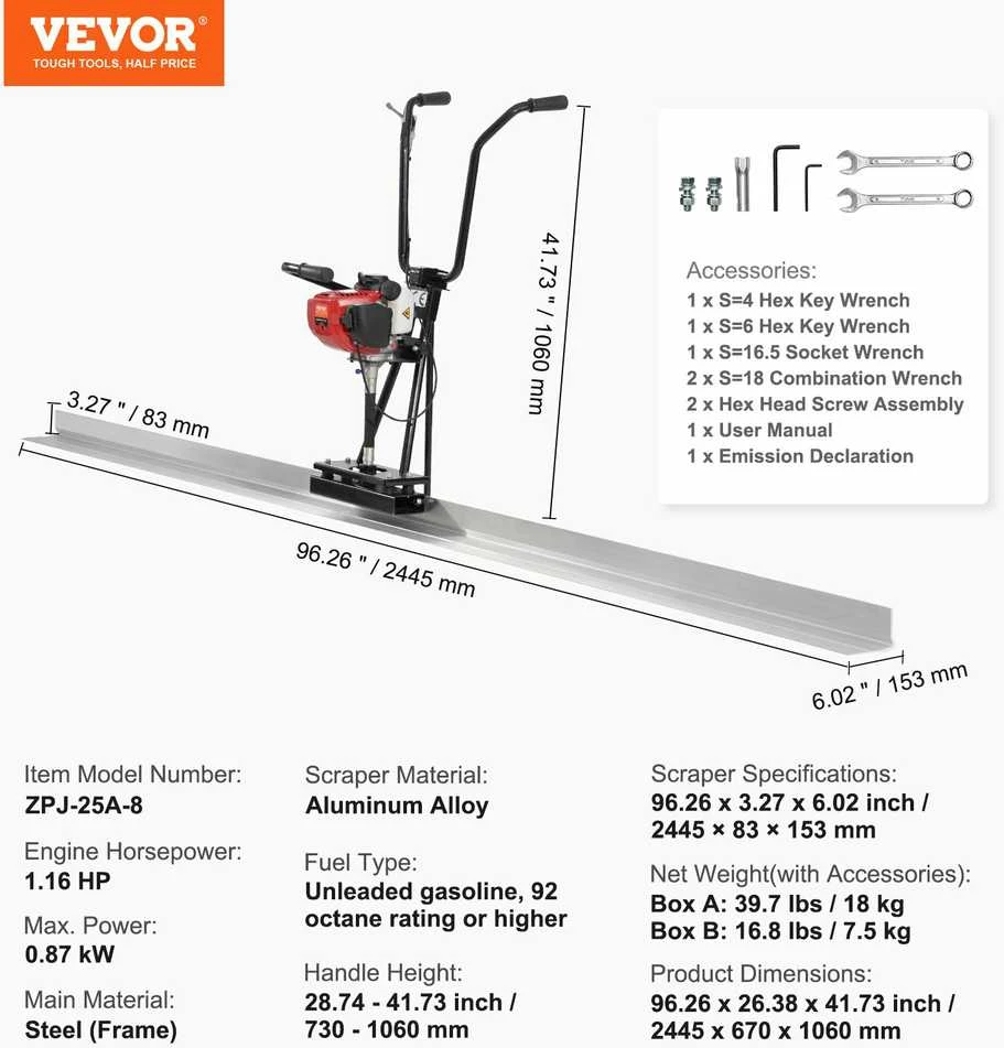 VEVOR Benzininis betono lyginimo įrankis su 2445 mm aliuminio juosta
