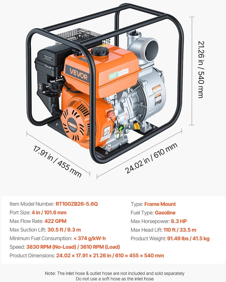 VEVOR Benzininis vandens siurblys 101.6 mm, 422 GPM