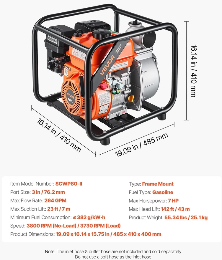 VEVOR Benzininis vandens siurblys 76,2 mm, 264 GPM 7 AG