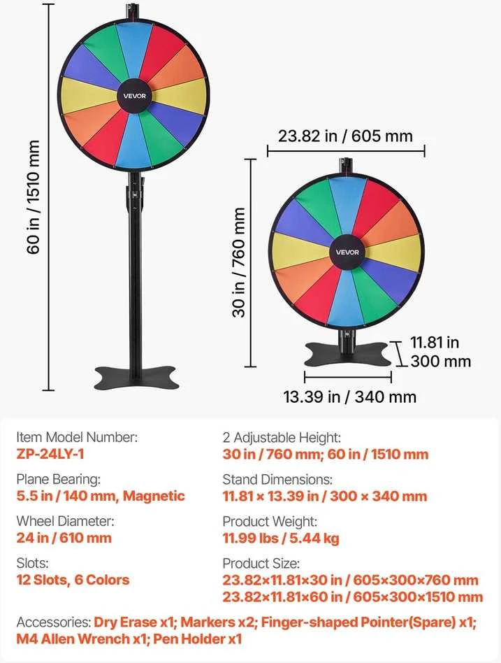 VEVOR Besisukantis prizų ratas su stovu, 610 mm