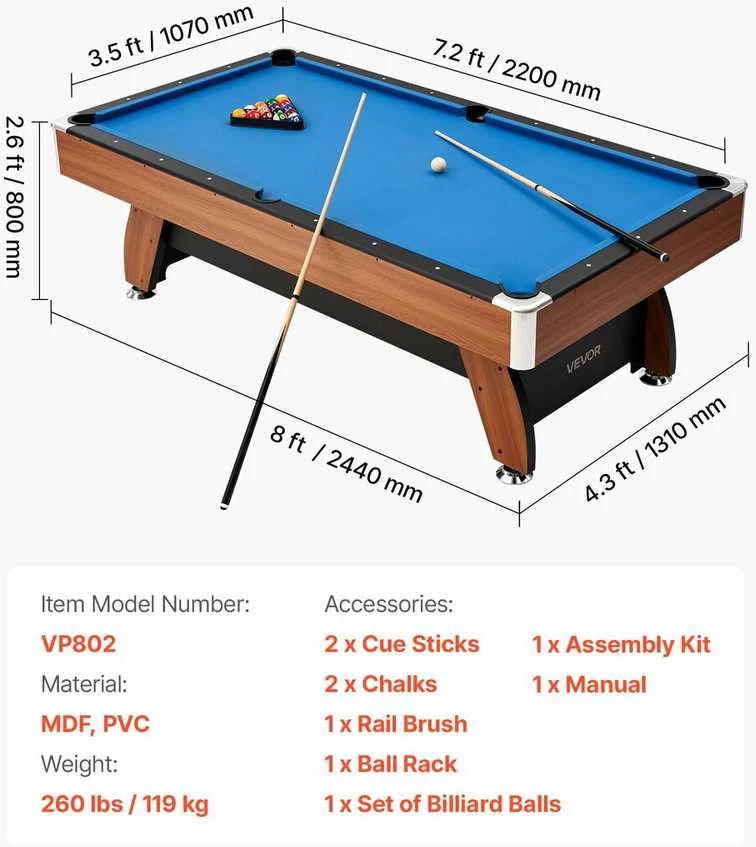 VEVOR Biliardo stalas 244 cm su medine apdaila