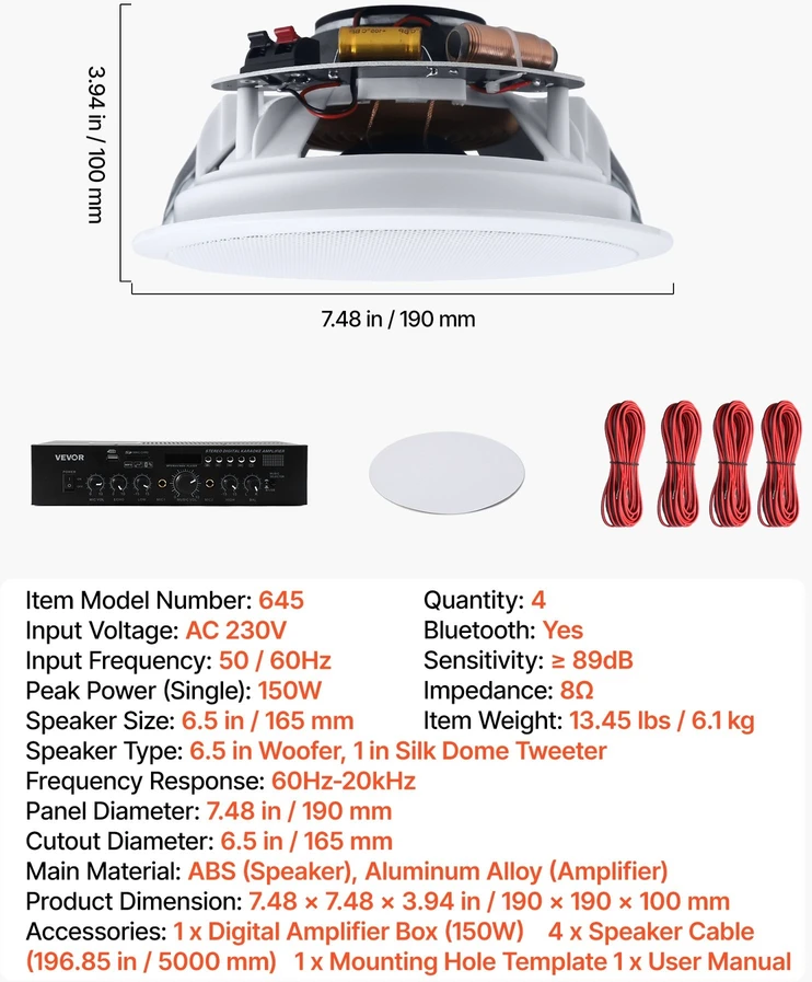 VEVOR Bluetooth lubinės įleidžiamos kolonėlės, 4 vnt.