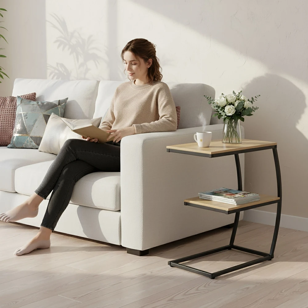 Relaxdays C formos šoninis staliukas su 2 lentynomis