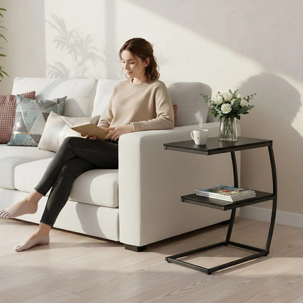 Relaxdays C formos šoninis staliukas su 2 lentynomis