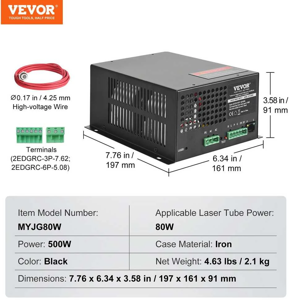 VEVOR CO2 lazerio maitinimo blokas 80W lazerio vamzdžiui