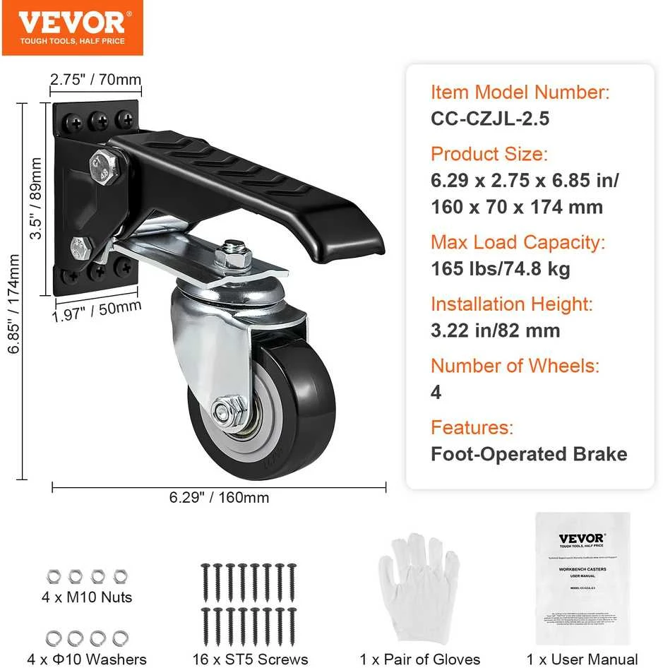 VEVOR Darbo stalo ratukai, 75 kg apkrova, 4 vnt.