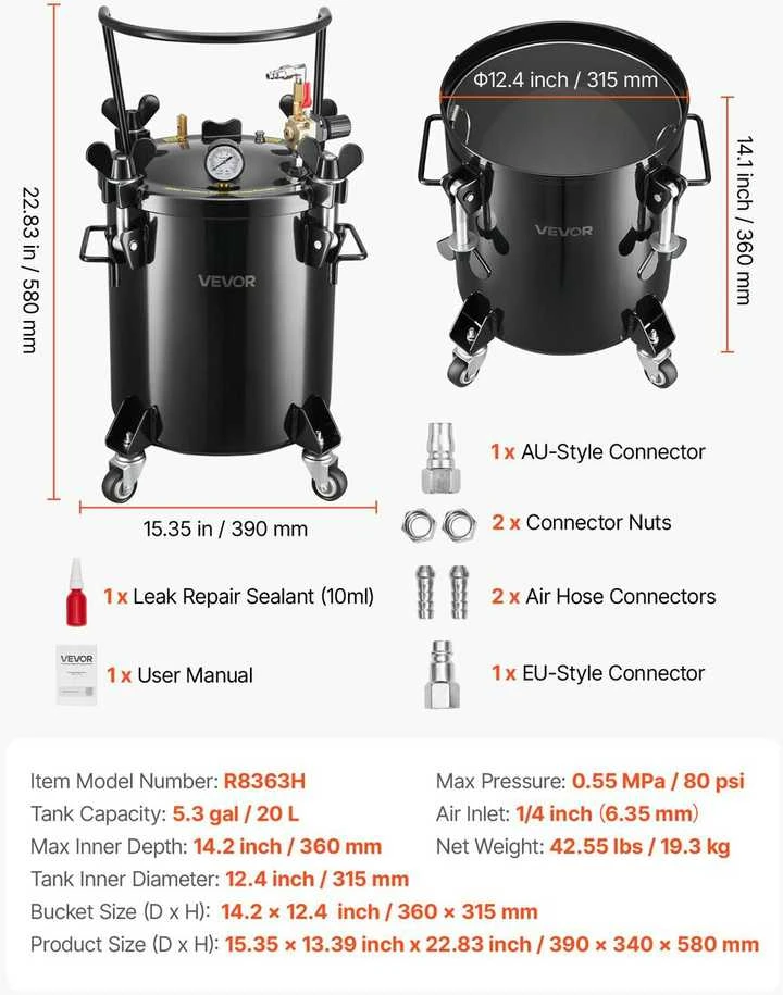 VEVOR Dažymo slėgio indas, 20 l talpos