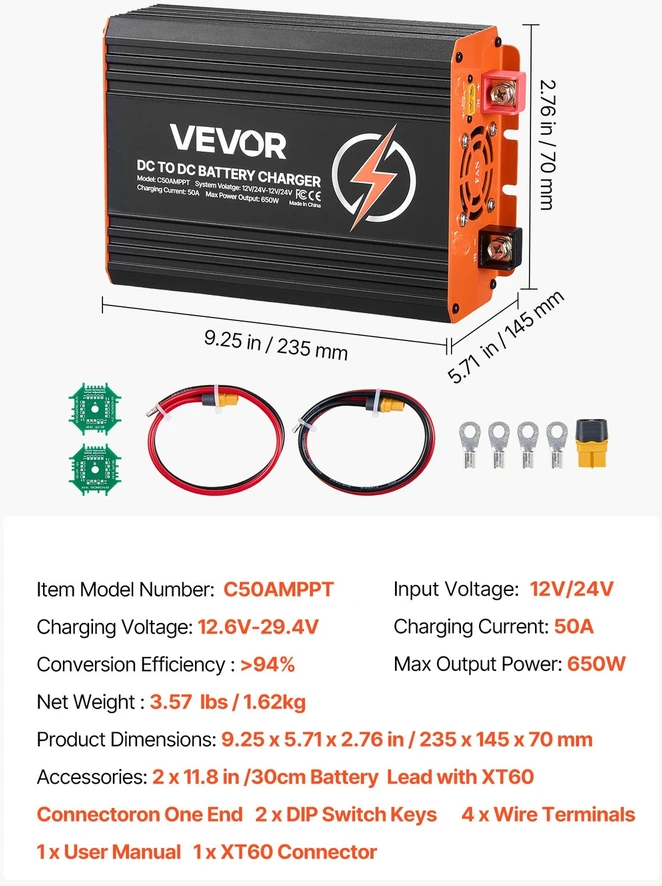 VEVOR DC į DC įkroviklis su MPPT, 650W, 50A