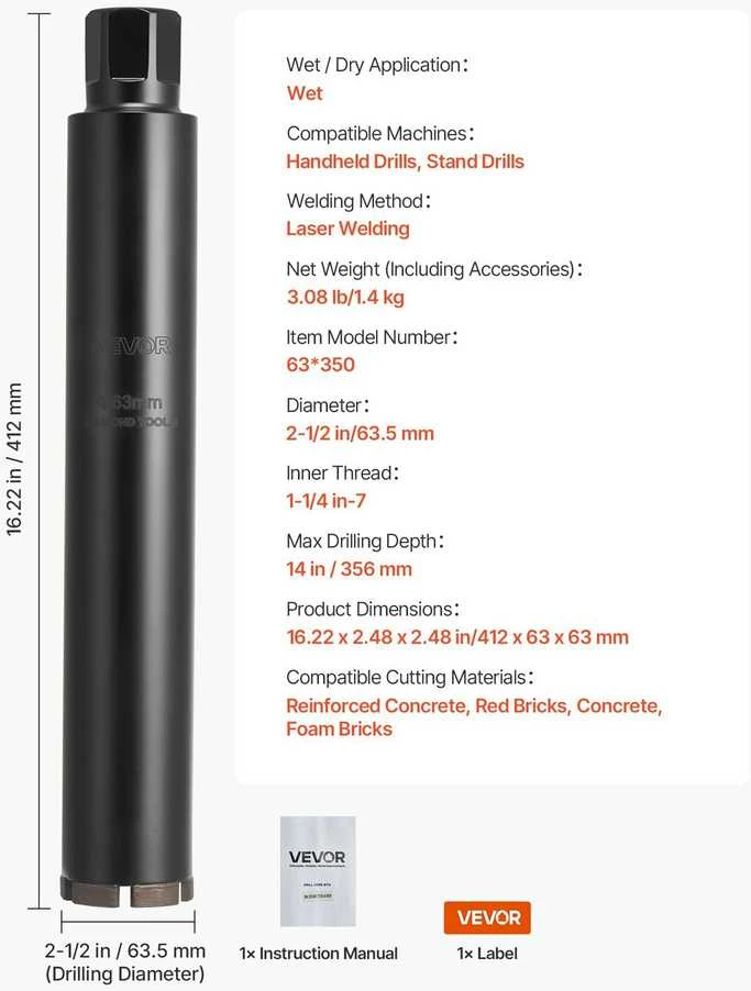 VEVOR Deimantinė gręžimo karūna, 63.5 mm skersmens