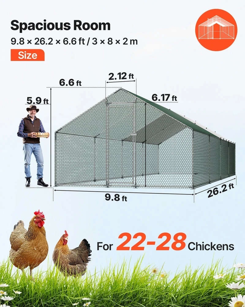 VEVOR Didelė metalinė vištidė 3 x 8 x 2 m