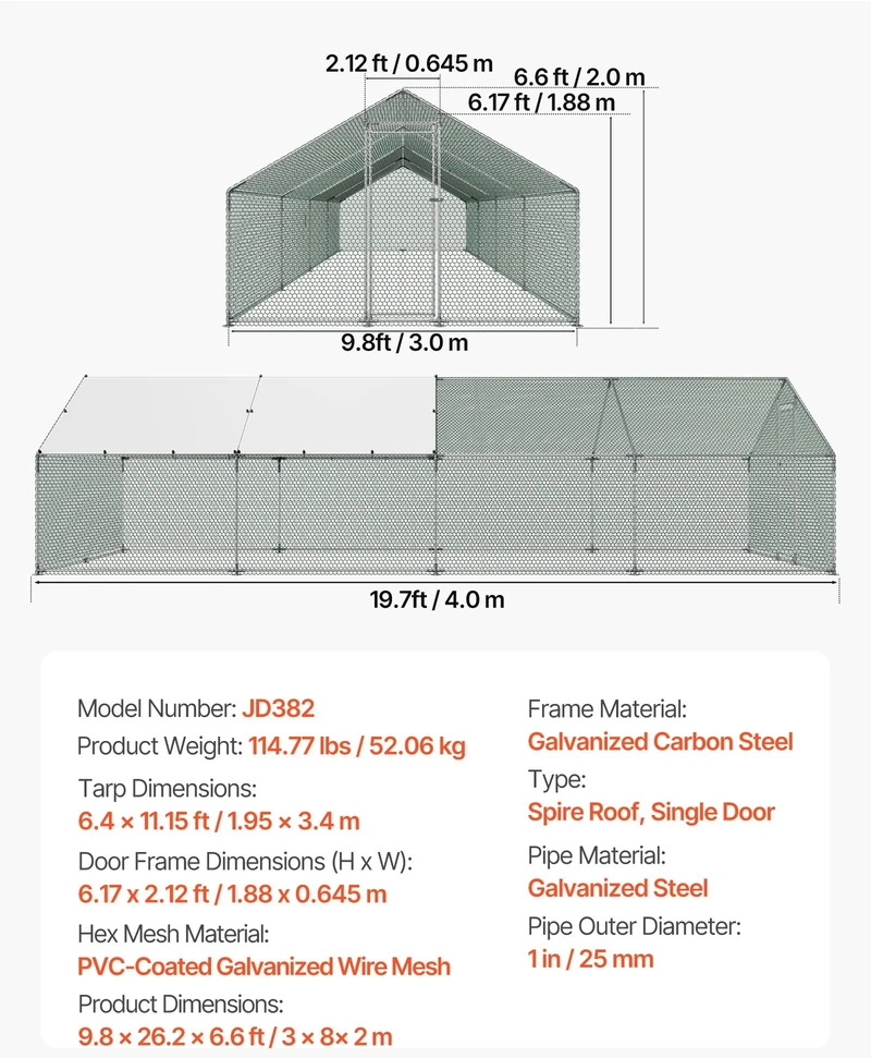 VEVOR Didelė metalinė vištidė 3 x 8 x 2 m