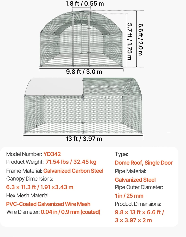 VEVOR Metalinė vištidė 3x4x2 m su užraktu