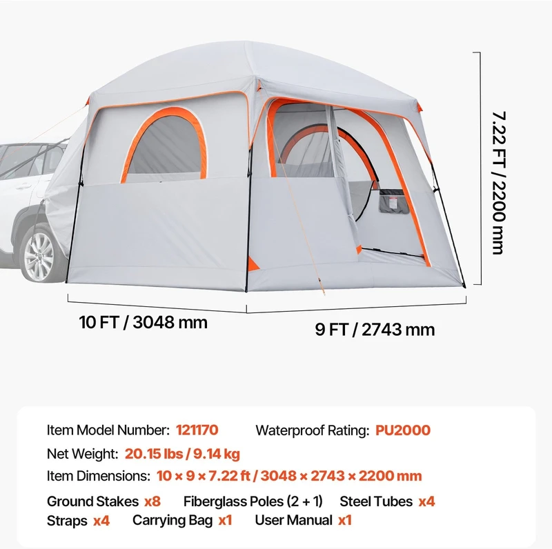 VEVOR Didelė SUV automobilių palapinė 6 asmenims, 3,048 x 2743 x 2200m m, PU2000 mm