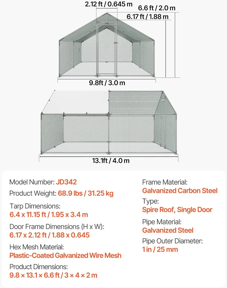 VEVOR Didelis metalinis vištidės aptvaras 3 x 4 x 2 m