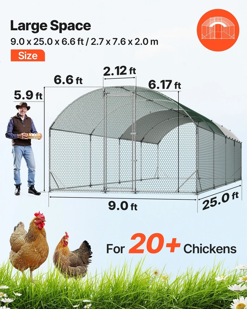 Vevor Didelis metalinis vištidės voljeras 2,7 x 7,6 x 2 m