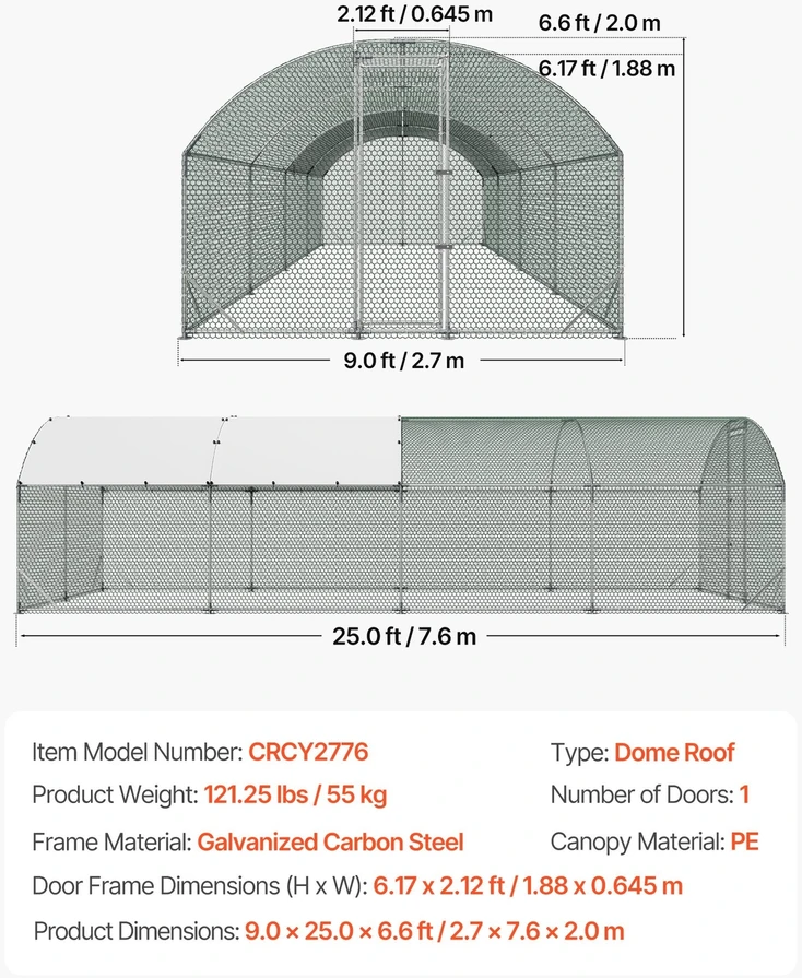 Vevor Didelis metalinis vištidės voljeras 2,7 x 7,6 x 2 m