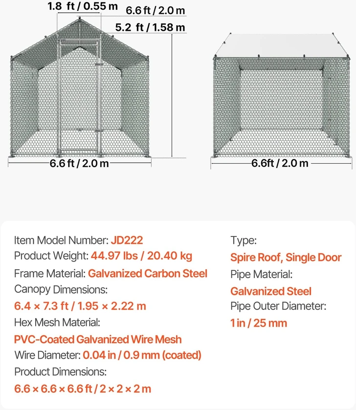 Vevor Didelis metalinis vištų voljeras 2 x 2 x 2 m