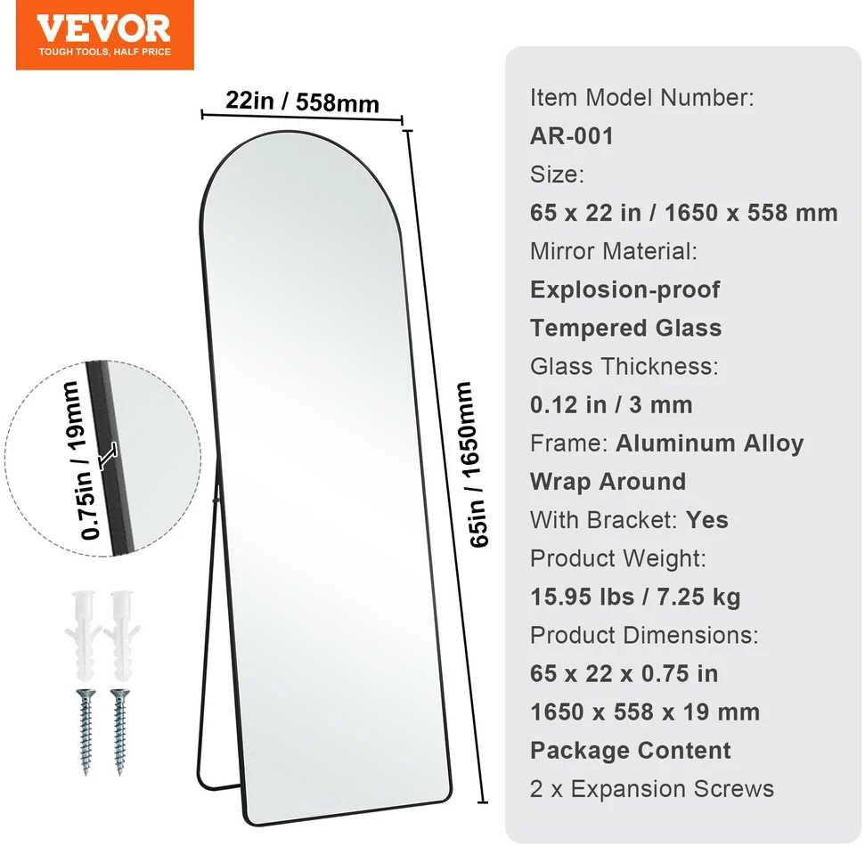 VEVOR Didelis veidrodinis arkinis veidrodis 165x55 cm
