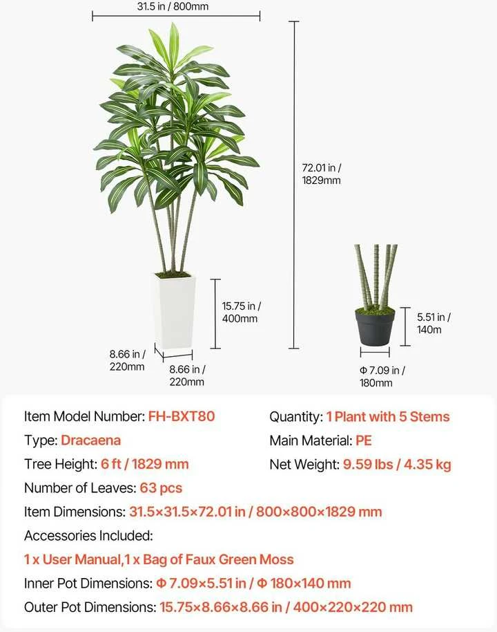 VEVOR Dirbtinė Dracena su baltu vazonu