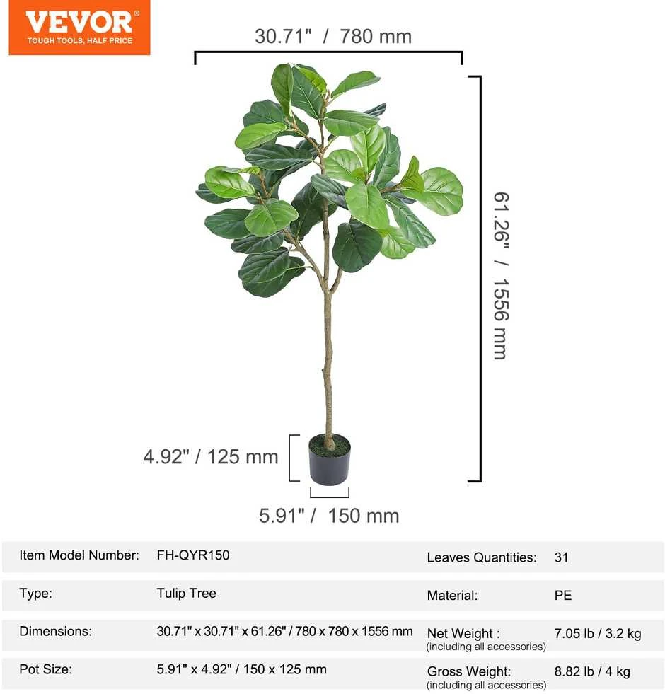 VEVOR Dirbtinis fikusas 5 ft aukščio