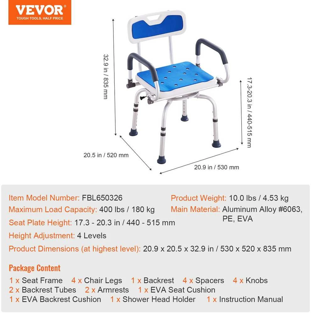 VEVOR Dušo kėdė 360° pasukama su lankais