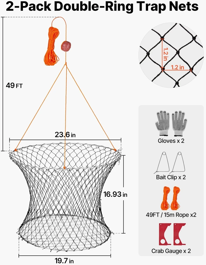 Dviejų žiedų krabų gaudyklė, 60 cm viršus, 50 cm apačia