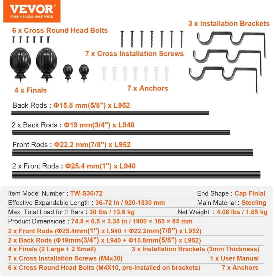 VEVOR Dvigubi užuolaidų karnizai 92–183 cm reg