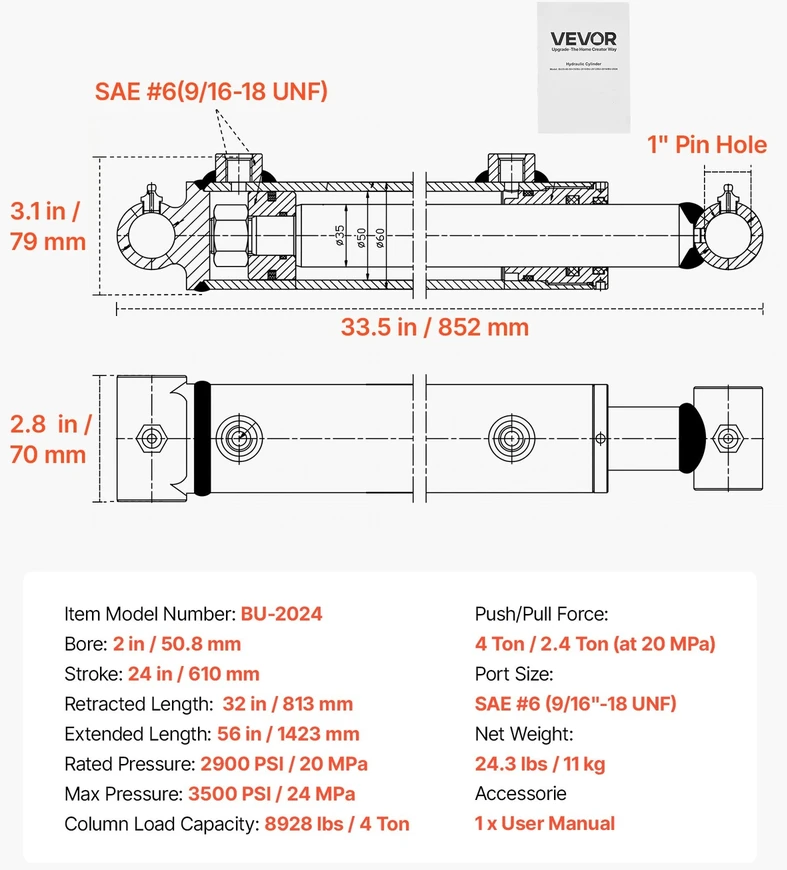 VEVOR Dvigubo veikimo hidraulinis cilindras 50,8 mm x 610 mm