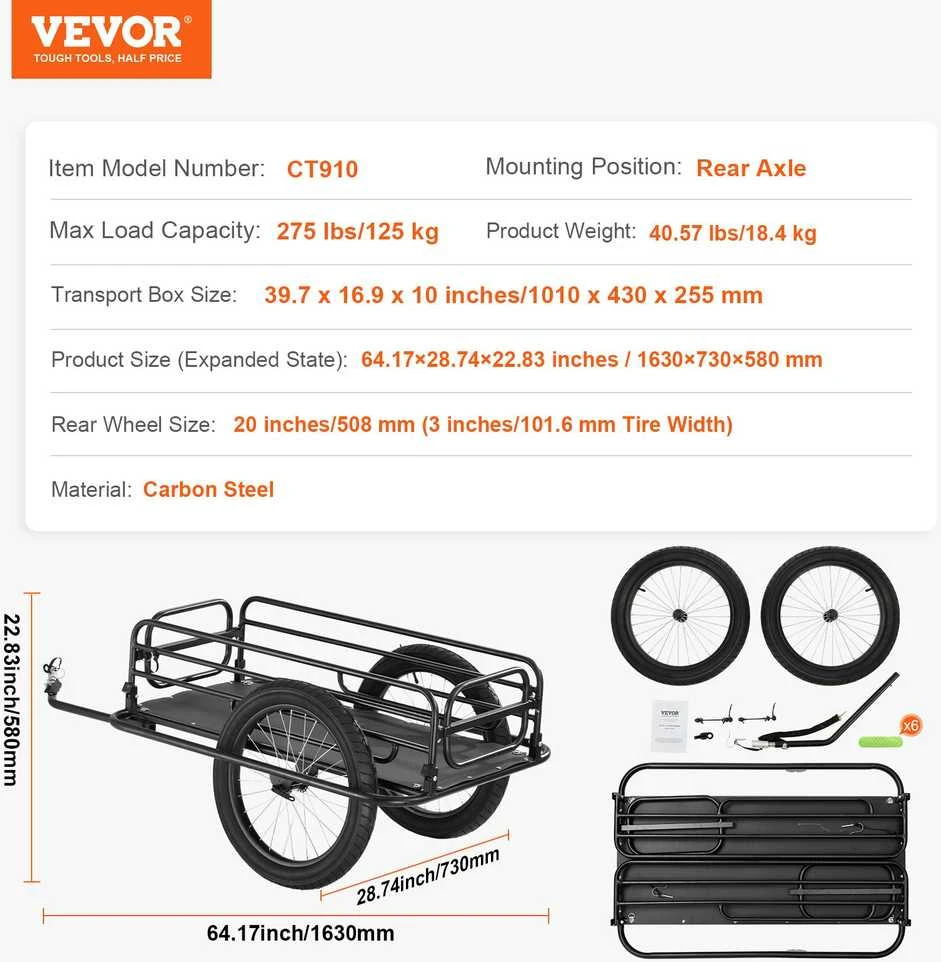 VEVOR Dviračio priekaba kroviniui, 125 kg talpa